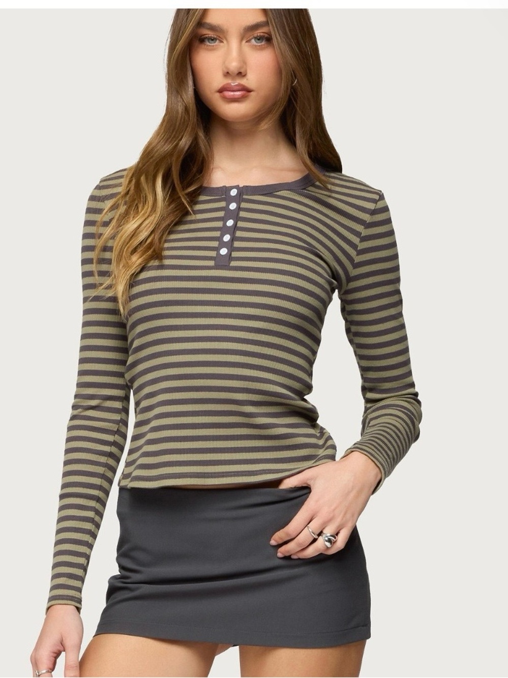 Edikted Roma Olive and Charcoal Striped Long-Sleeve Henley top, Size Medium